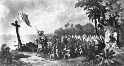The Landing at Tampa Bay: De Soto and His Followers Swearing to Conquer or Die, Engraved by John Sartain by R. Telfer